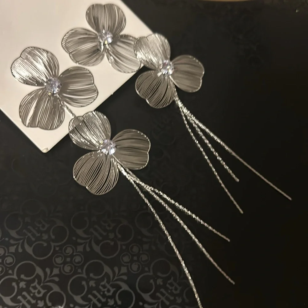 Cascading Silver Tassel‎ & Crystal Rhinestone Dangle Statement Pierced Earrings